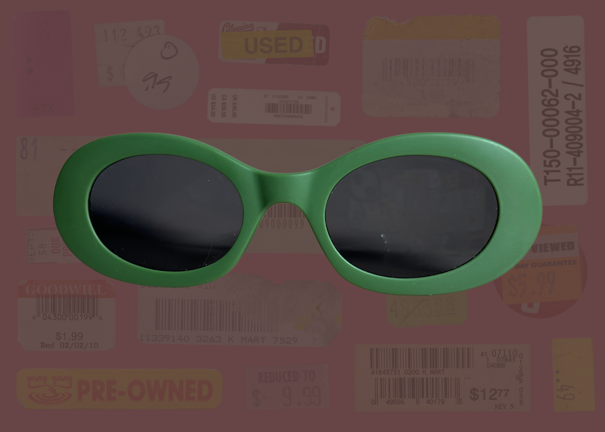 Green oval sunglasses on a background with various labels and text