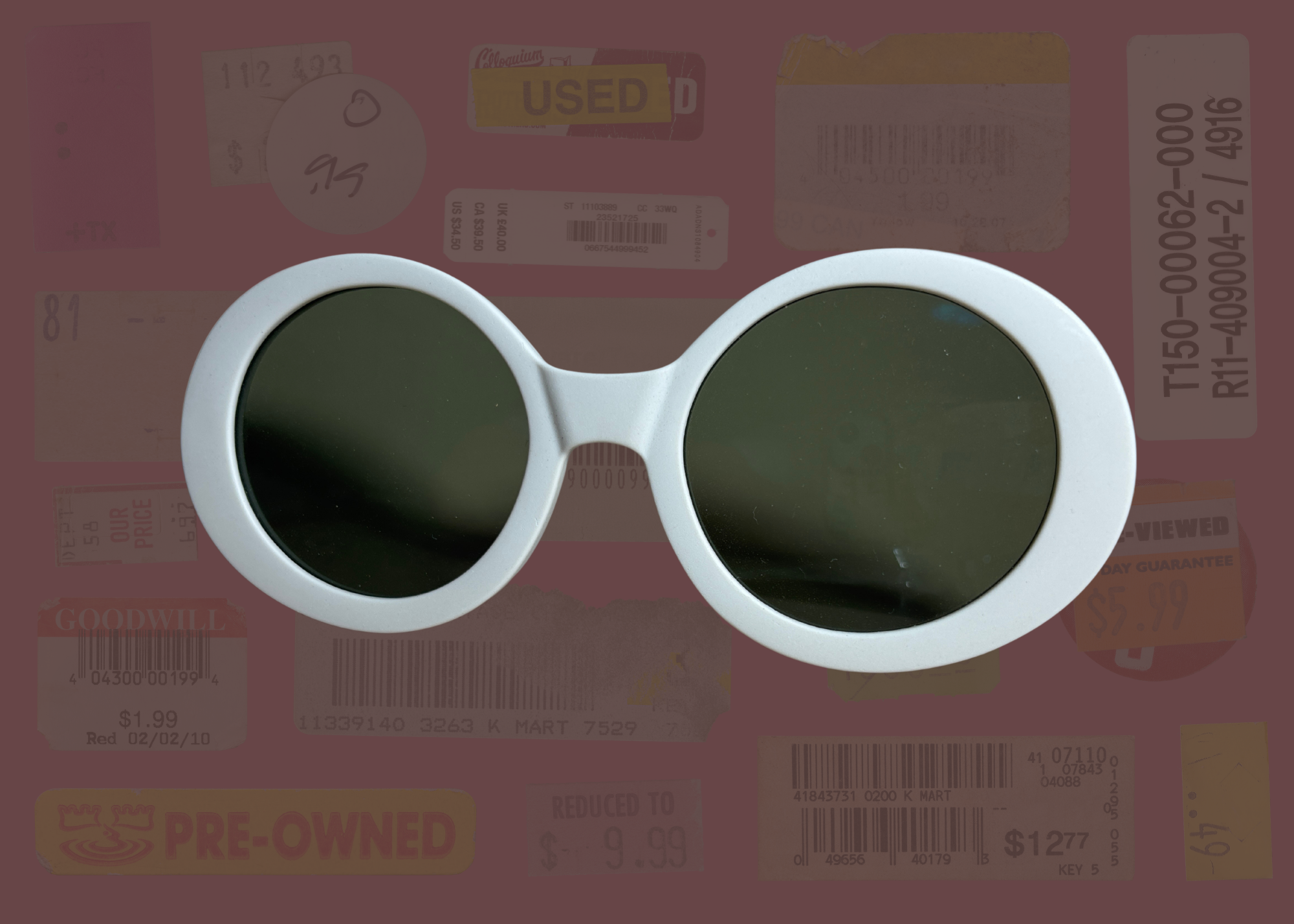 White round sunglasses with dark lenses on a background with various text and logos