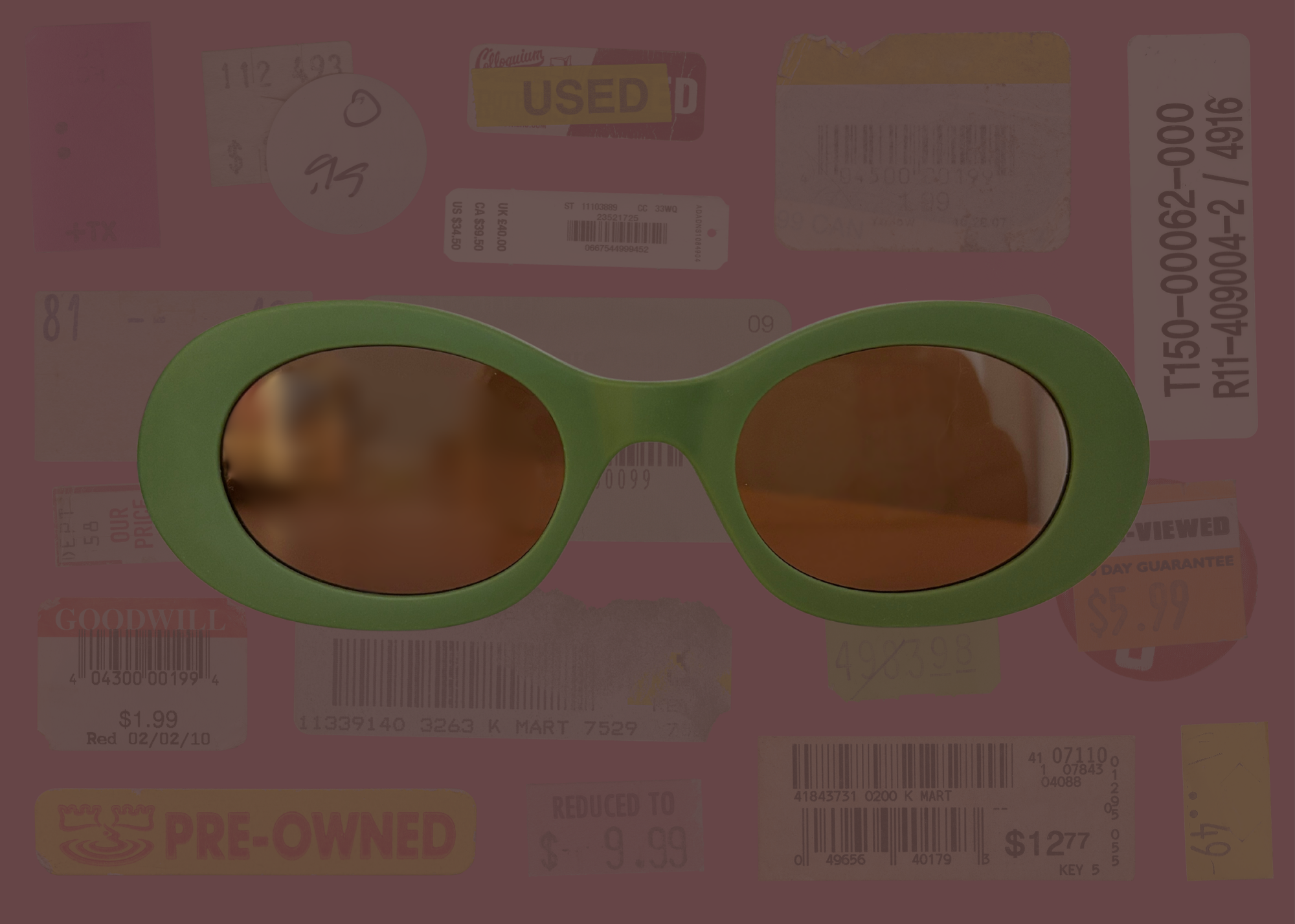 Green oval sunglasses with orange lenses on a pink background with various labels and text.