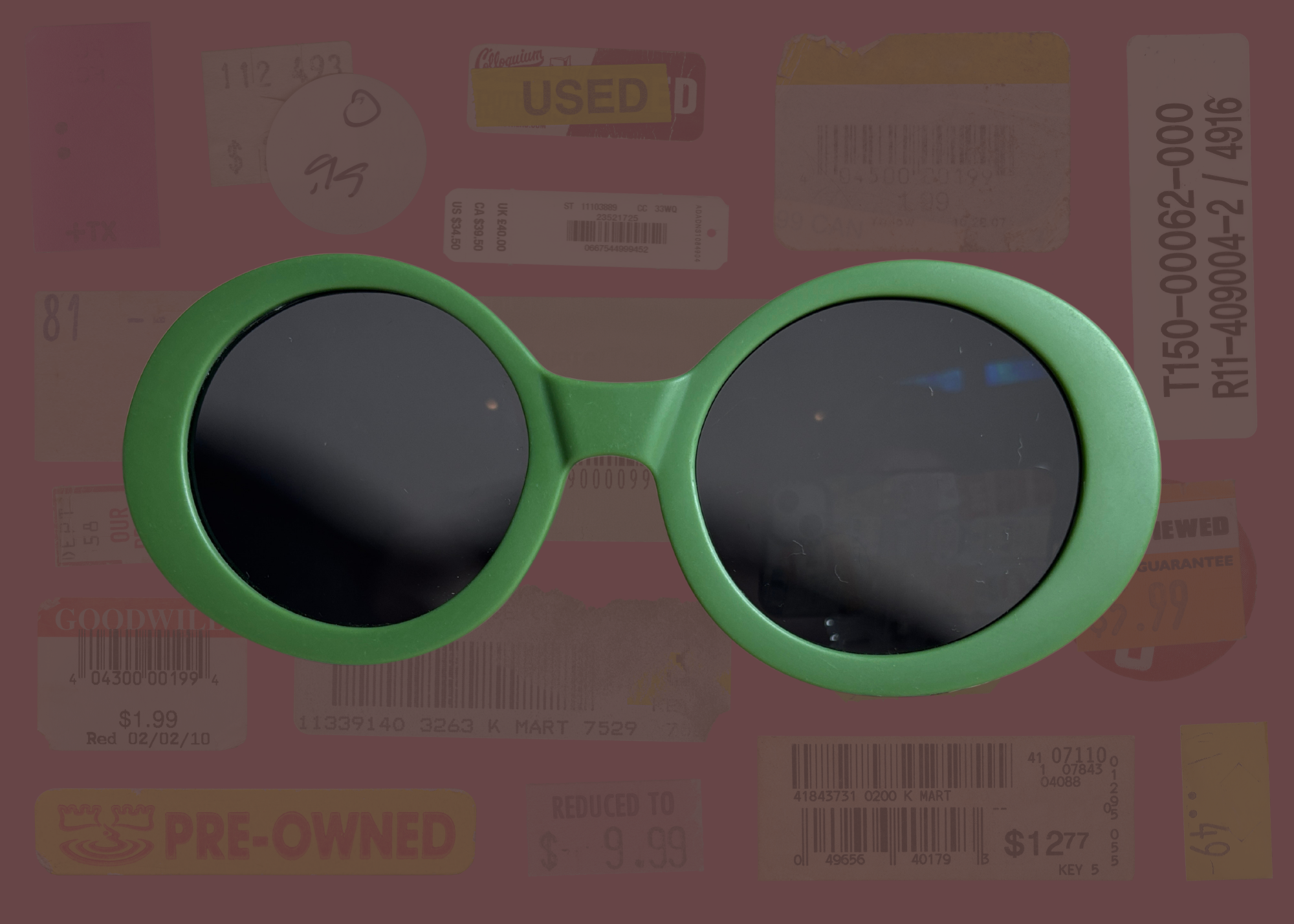 Retro round green sunglasses with black lenses on a blurred background with text and barcodes.